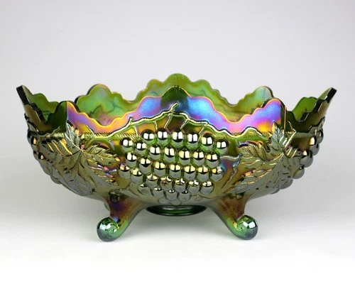 Northwood Green Grape and Cable Carnival Banana Boat, Antique Lg Oval Bowl 12"