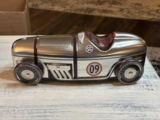 Silver Crane Company Silver Race Car Storage Chocolate Cookies Tin Empty 11”x4”