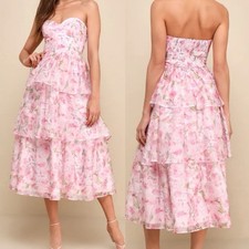 Lulus Pristine Cutie Light Pink Floral Organza Bustier Midi Dress Medium