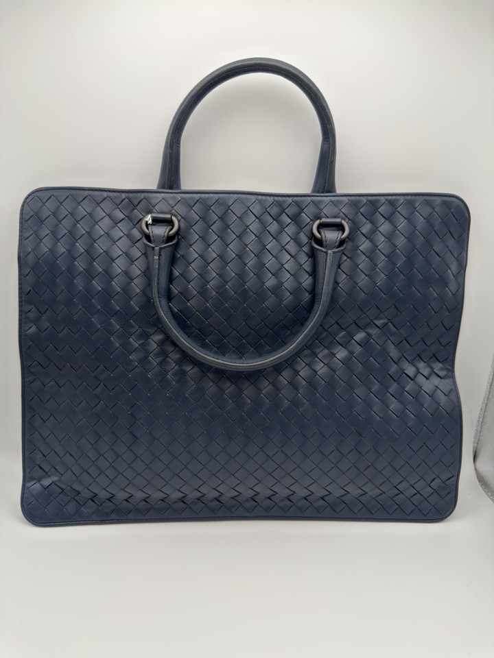 Authentic Bottega Veneta Intrecciato Leather Navy Briefcase Business Laptop Bag