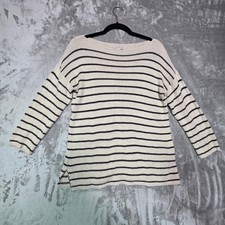 LOFT Outlet Petite Striped Boat Neck Sweater Navy Cream Cotton Blend SP 502430