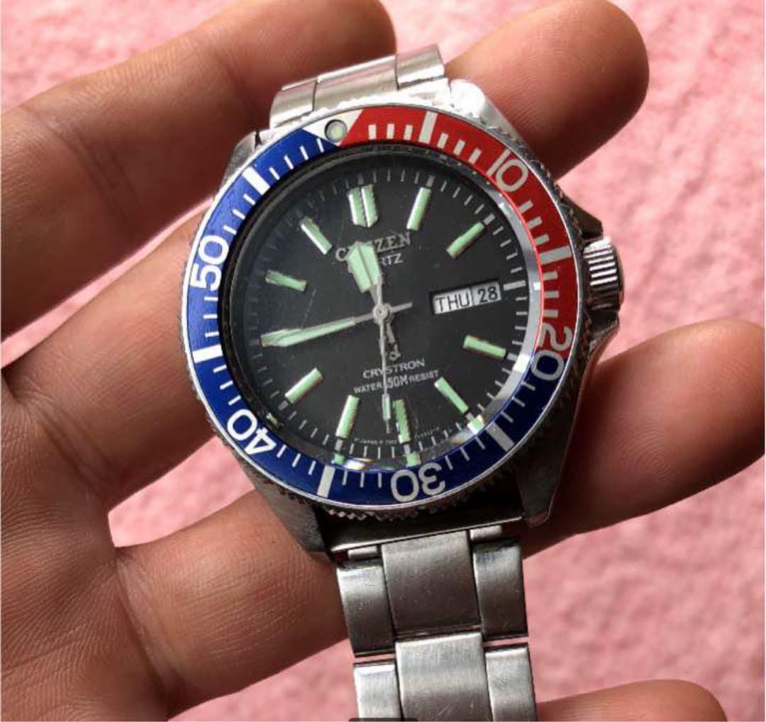 Citizen Crystron 4-732808 Vintage Day Date Diver Pepsi Quartz Mens