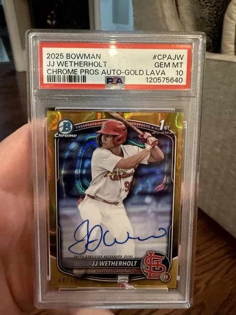 2025 Bowman JJ Wetherholt Chrome Auto Gold Lava Refractor 1st #/50 PSA 10 Gem