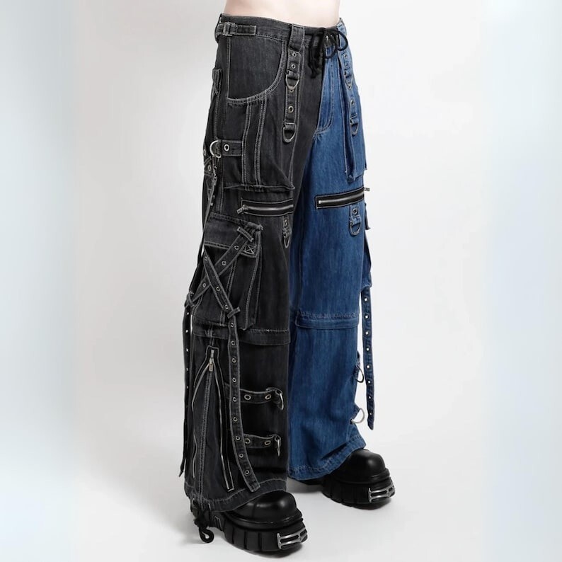 Split Stack Pants Handcrafted Unisex X-Strap Split Denim Pants - Denim Tripp Pants for ...