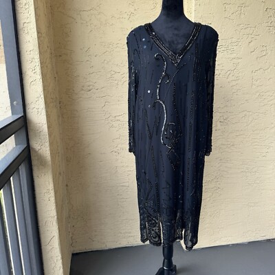 NITELINE DELLA ROUFOGALI Black Beaded Silk Evening Dress Size 12 Long  Sleeve
