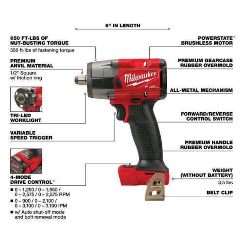 Milwaukee 2962-80 M18 FUEL 18V 1/2" Mid-Torque Impact Wrench - Bare Tool, Recon - Picture 3 of 11