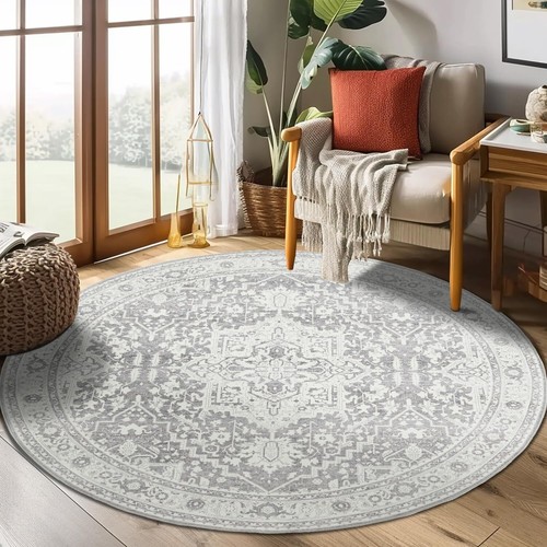 jinchan Round Rug 4ft, Bohemian Area Indoor 4' Round, Vintage Light Grey
