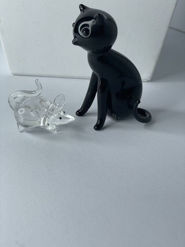 Juego de 2 estatuillas de vidrio soplado a mano de gato y ratón negro vidrio artístico Halloween - Imagen 4 de 14