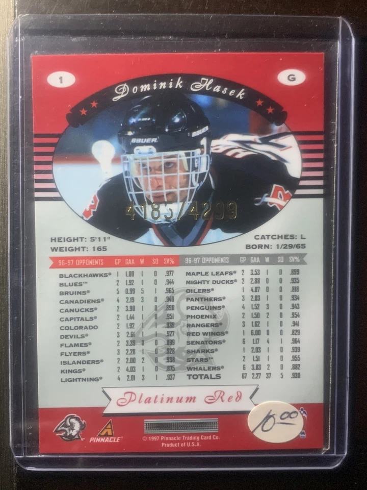 1997-98 Pinnacle Certified Platinum Red Hockey Card #1 Dominik Hasek /4299 HOF - Image 2 of 2