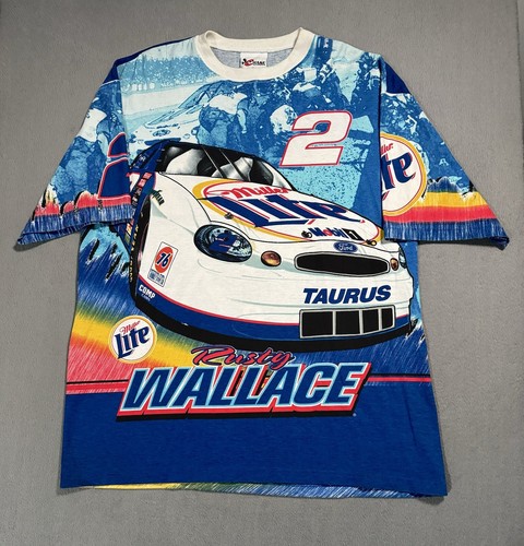 Rusty Wallace #2 All Over Print AOP NASCAR Vtg Nascar Miller Racing T Shirt -XL
