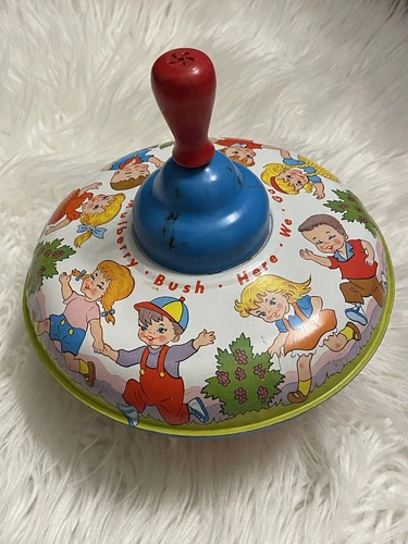 Vintage Ohio Art Tin Litho Spinning Top "Here We Go Round the Mulberry Bush" Toy