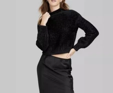 Women's Mock Turtleneck Fuzzy Boxy Pullover Sweater - Wild Fable Small Black