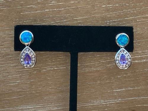 Amethyst and Blue Fire Opal Inlay Solid 925 Sterling Silver Dangle Post Earrings - Picture 11 of 12
