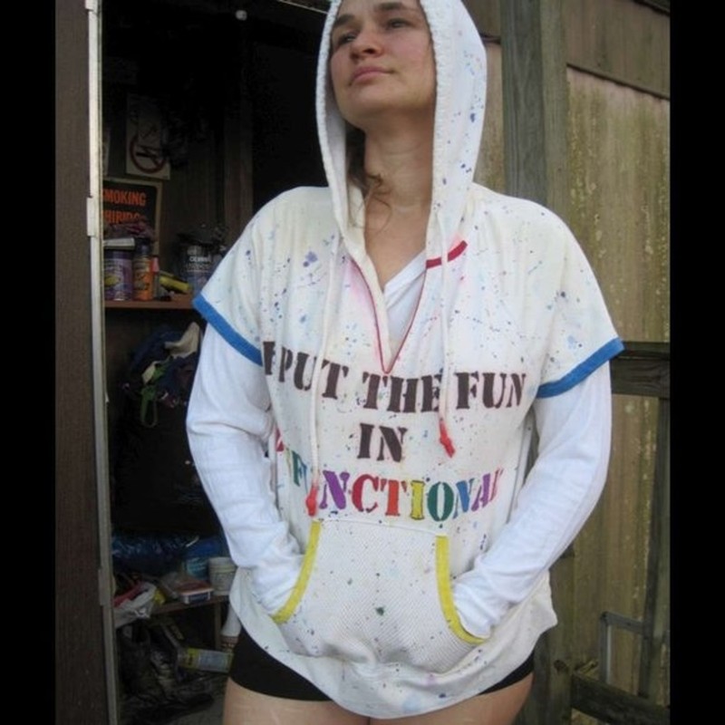 I Put the Fun in Dysfuctional Colorful Spots Hooded Short Sleeve Sweater Top