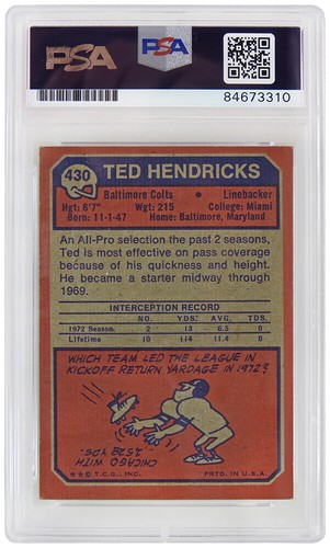 Ted Hendricks autographed Colts 1973 Topps Card #430 w/HOF'90 -(PSA/DNA) - Picture 2 of 2