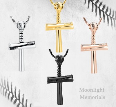 New Baseball Bat Cross Cremation Urn Keepsake Ash Silver Memorial Necklace 
