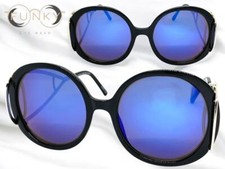 EXAGGERATED Vintage Retro Funky Hippie SUNGLASSES Round Black Frame Blue Lens