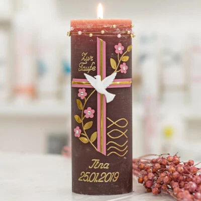 meinkerzenshop® Taufkerze Rustik GRETCHEN wachsverziert und personalisiert