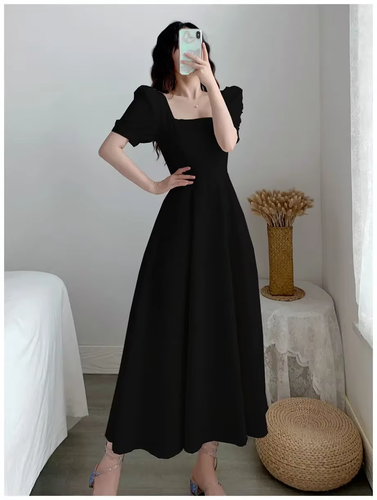 (S, BLK )Women Dress Bubble Sleeve Square Neck Style Long Skirt Summer Casual