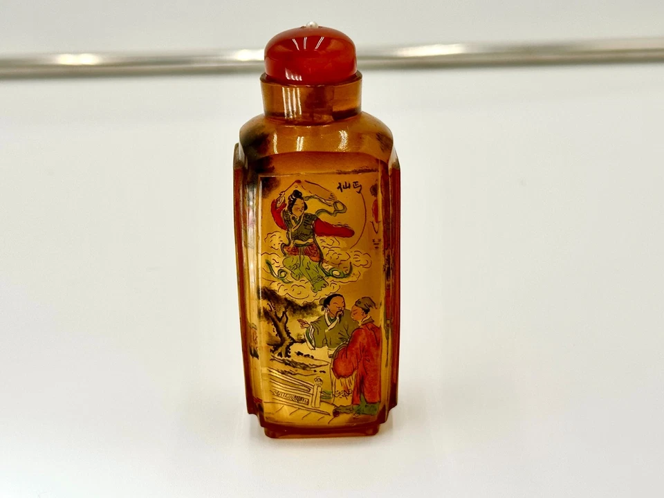 Botella de tabaco antigua china grande forma cuadrada interior pintada de vidrio ámbar Foto 4 de 4