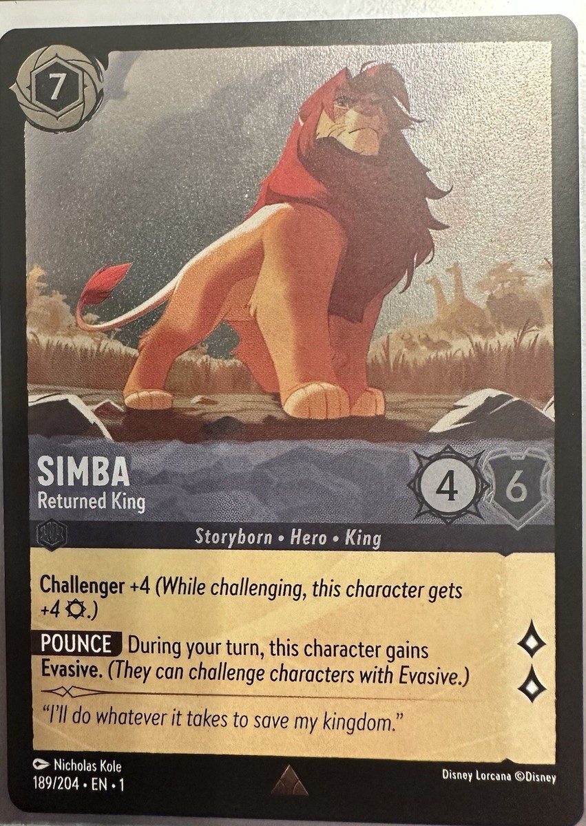 Disney Lorcana Simba Returned King 189/204 Rare NM/M Card Foil