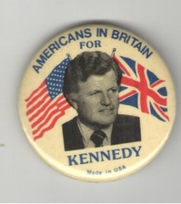 1980 pinback TED KENNEDY pin Americans in Britain UNION JACK American FLAG