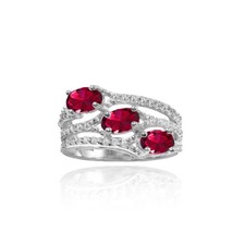 Sterling Silver Created Ruby and White Topaz Oval Three Stone Ring