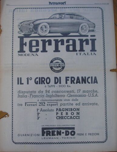 FERRARI FREN-DO 1951 GIRO DI FRANCIA PUBBLICITA ADVERTISING 57X43 CM. ORIGINAL