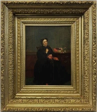 Original 1865 John George Brown N.Y. Woman Knitting Seamstress Genre Oil SIGNED