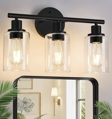 3-Light Black Vanity Light Fixture Clear Glass Shade for Bathroom Wall BEST