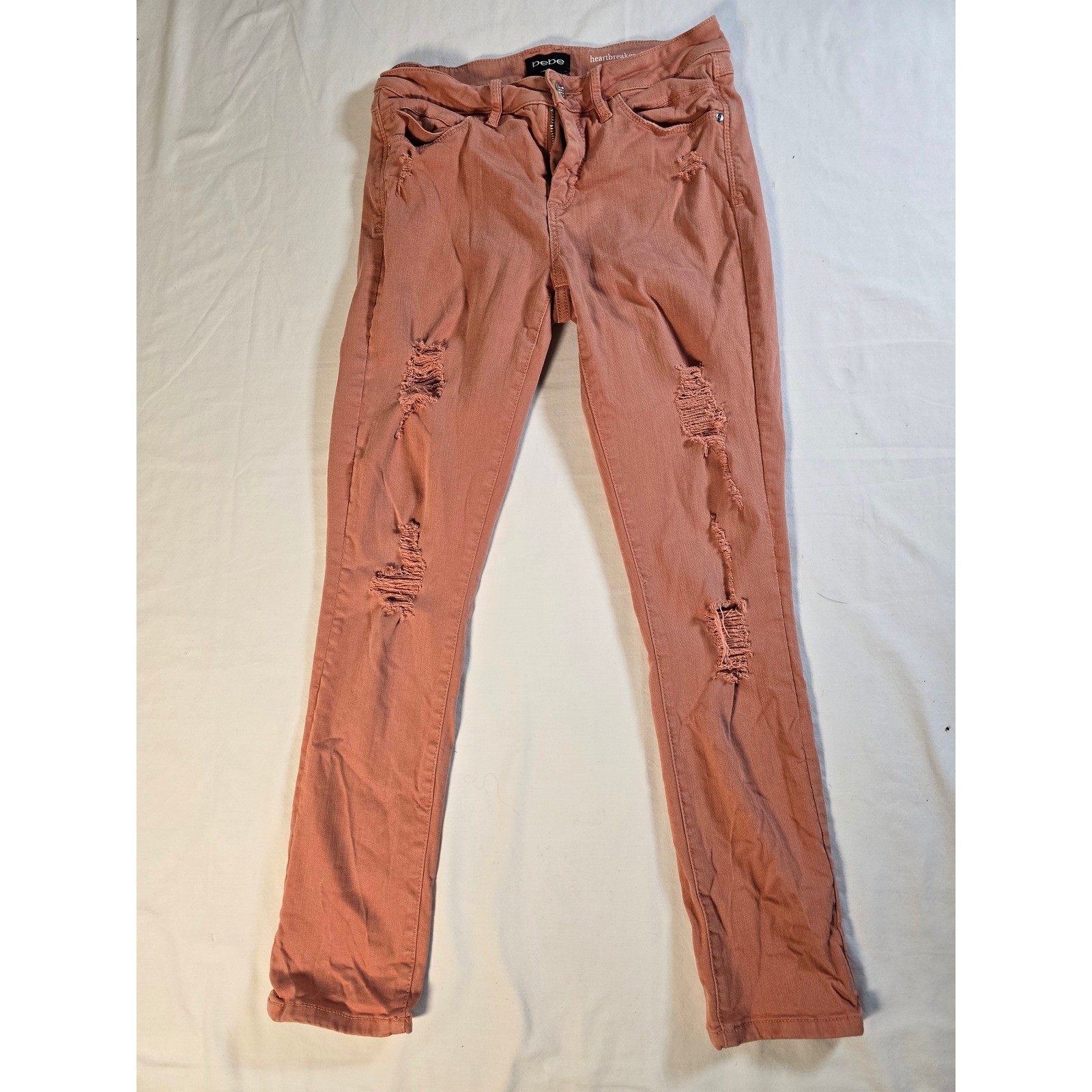 Bebe Heartbreaker Skinny Distressed Jeans Coral Pink Women Size 28 Distressed