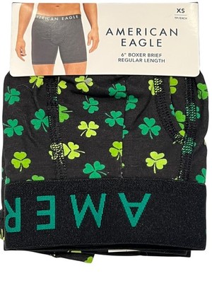 NWT AMERICAN EAGLE 6'' Boxer Brief Sz XS-S-M-L Green Black Shamrocks #86