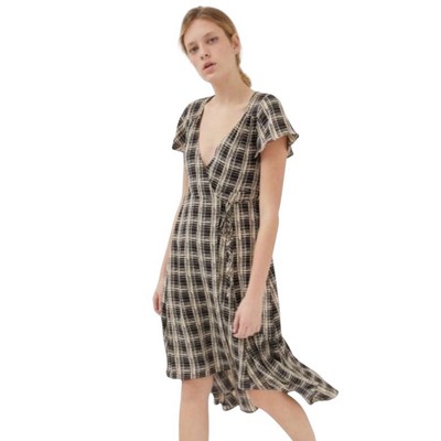 Urban Outfitters Small Dress Womens Daphne Black Tan Check Hi Lo Midi Wrap