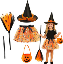Hexenkostüm Kinder Mädchen Halloween Kostüm Hexe mit Hut Besen Tüllrock Set