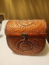 Wicker Storage Basket Decorative Woven Circles Hinged Clasp Closure