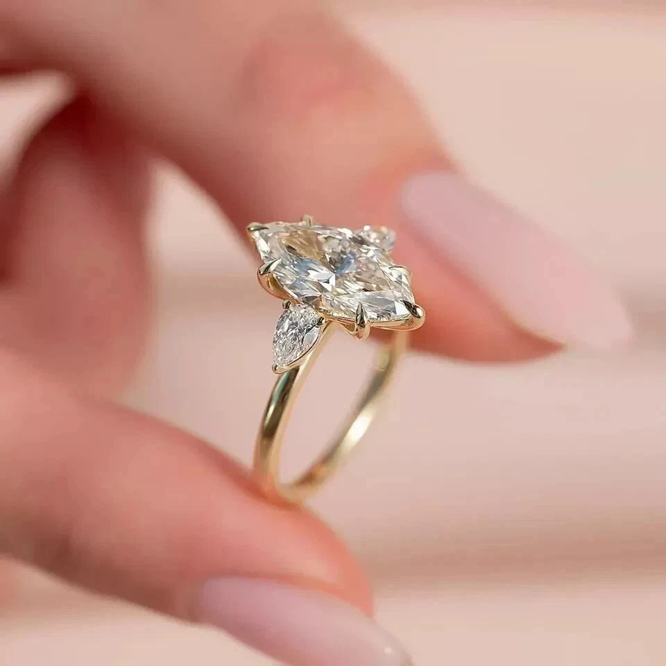 认证天然 2.0 克拉 VS Marquise 白色钻石 14K 黄金结婚戒指 — 第 2/4 张图片