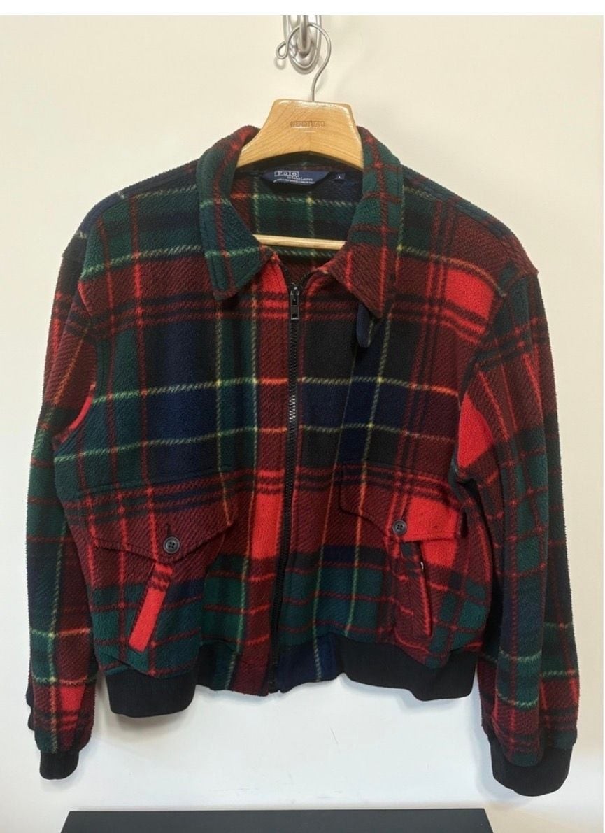 Vintage Polo by Ralph Lauren Plaid Fleece Bomber Jacket Size L
