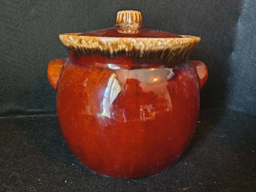 Vintage Hull Oven Proof USA Brown Drip Glaze Bean Pot/Cookie Jar with Lid