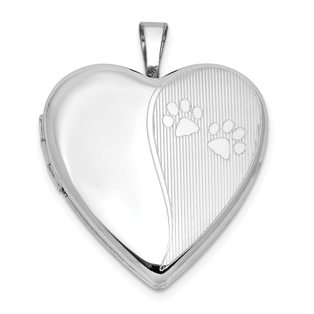 Sterling Silver Rhodium-plated Polished Paw Prints 20mm Heart Locket Pendant