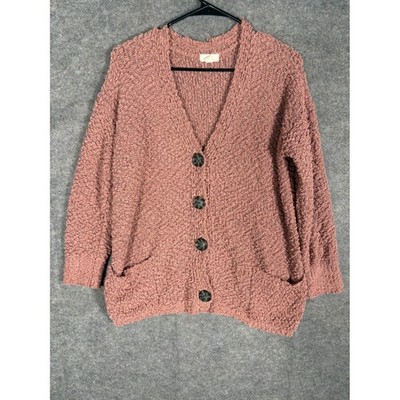 Cupio Oversized Pink Textured Popcorn Knit Button Front Cardigan Sweater L/G