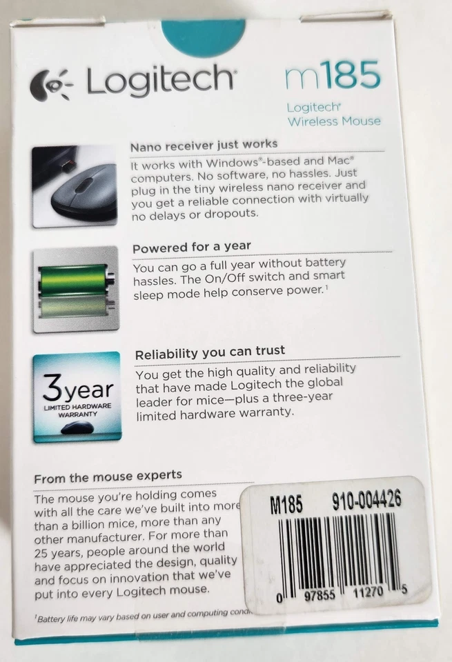 *NEW-FACTORY SEALED* Logitech Wireless Mouse M185 (Gray) - Image 4 of 4