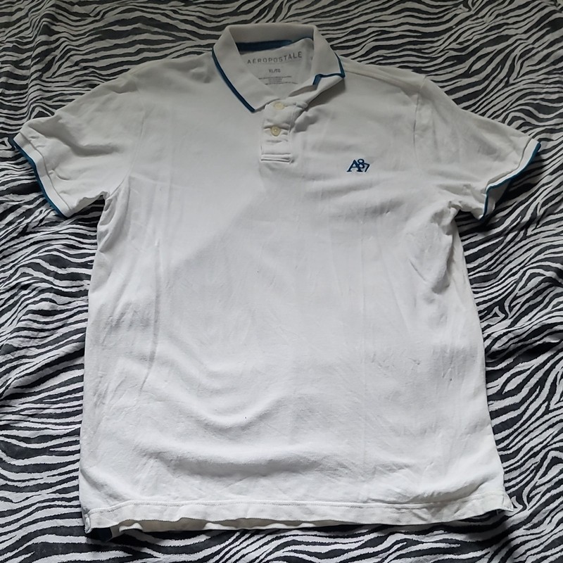 Aéropostale Men’s Solid White/Blue Short Sleeve Polo Shirt XL Collared Logo