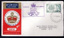 1953 2/- QEII QANTAS Couronnement Couverture de Vol pour Londres QUEEN SLOGAN