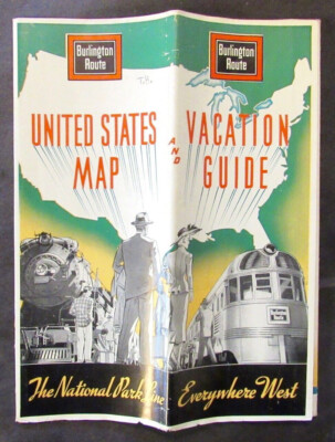 Large Color Map BURLINGTON ROUTE NATIONAL PARK LINE 1938 VACATION GUIDE RAILROAD