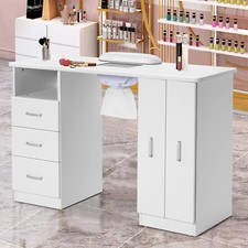 White Manicure Nail Table Beauty w/ Dust Collector, Wrist Pad, Drawers, Cabinet