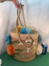 Vtg Mid-Century Taffeta Flowers Basket Weave Hat Box Rope Handles Tiki Bar FUN 