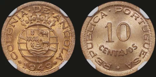 1949 ANGOLA 10 Centavos NGC MS65 RD