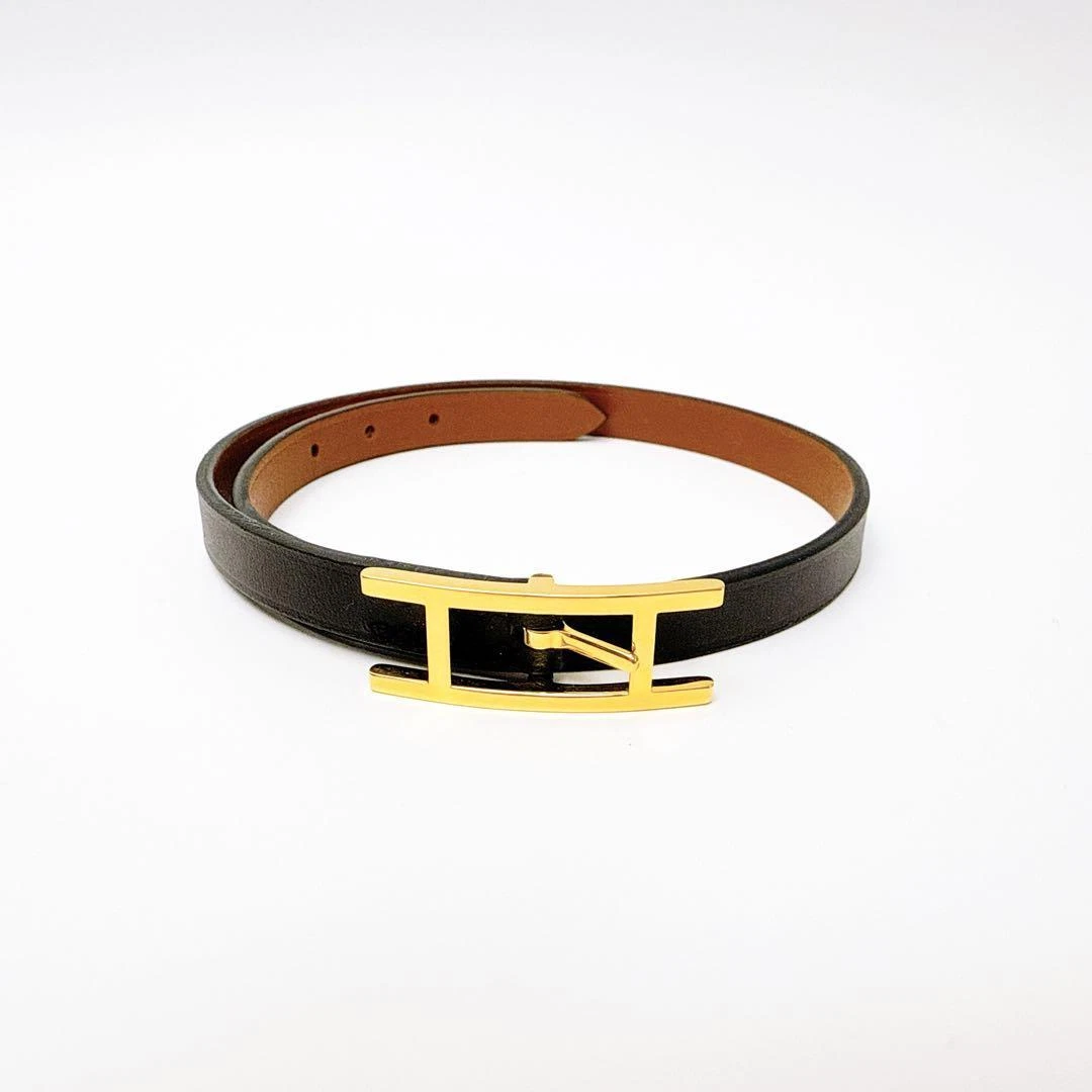 HERMÈS Bracciale doppio Hermes Beapi in pelle nero oro ferramenta dal Giappone
