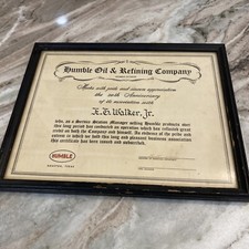 Vintage Humble Oil Award Plaque Sign Certificate 20th Anniversary Houston Texas