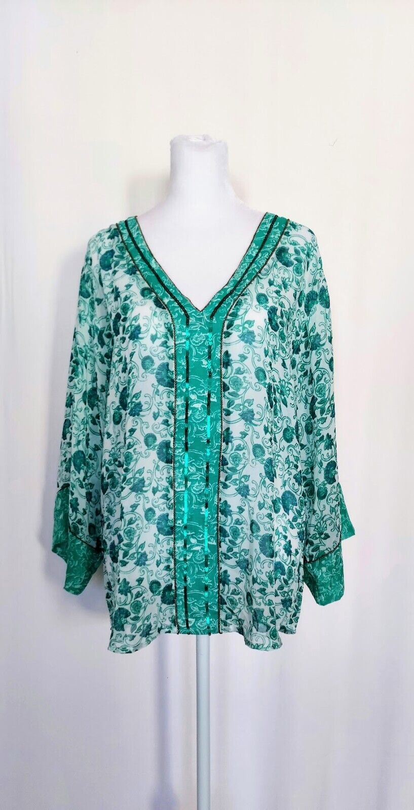 Chico’s Womens Congo Floral Tunic Top Green Sequin Beaded Tropical Size XL 0